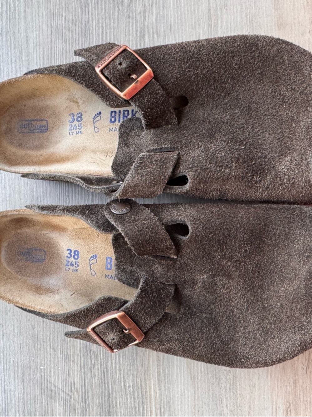 Birkenstock Suede Clog Mules in Brown with Copper Buckles